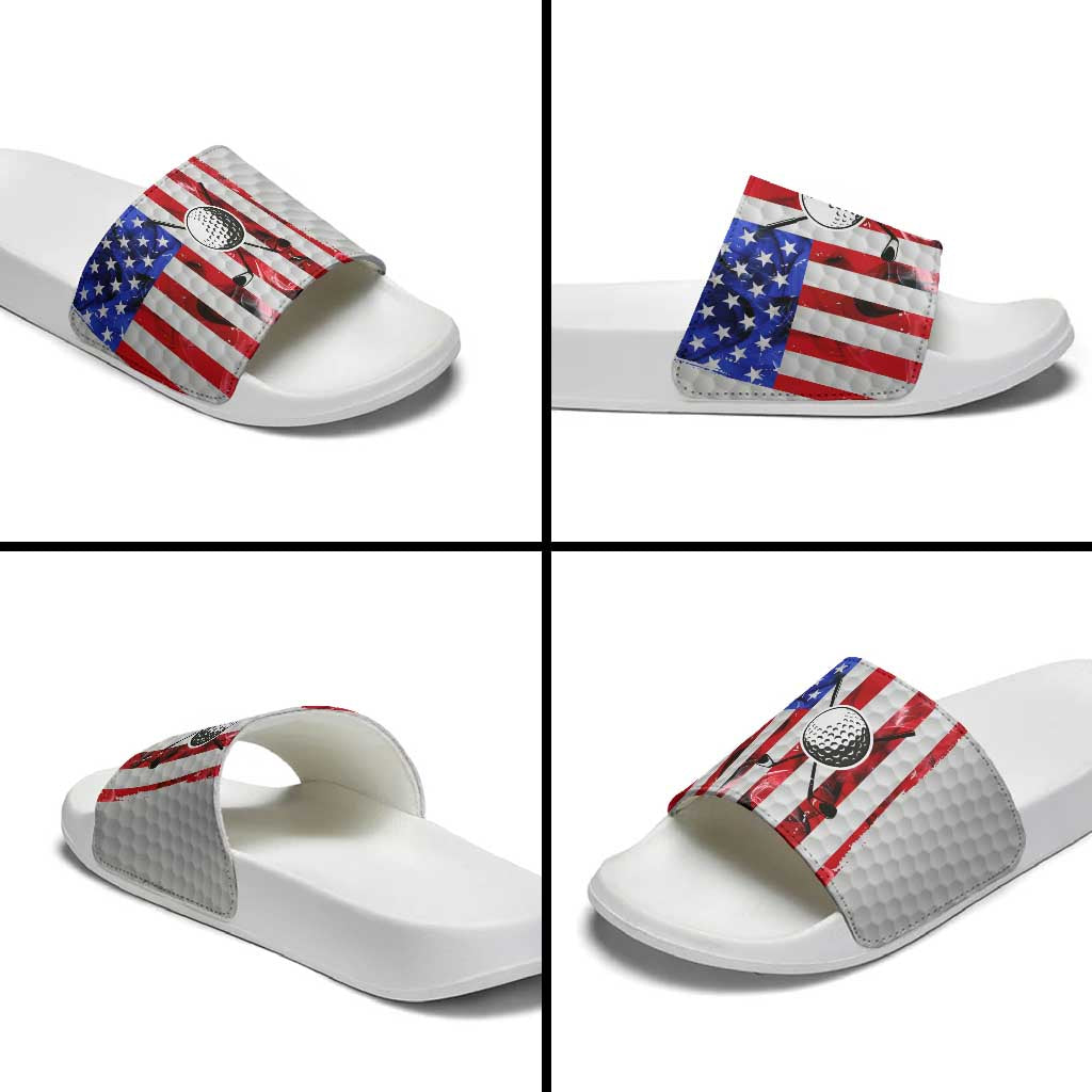 Golf Ball and Clubs Slide Sandals with American Flag Smoke Effect and Hexagon Pattern - Wonder Print Shop