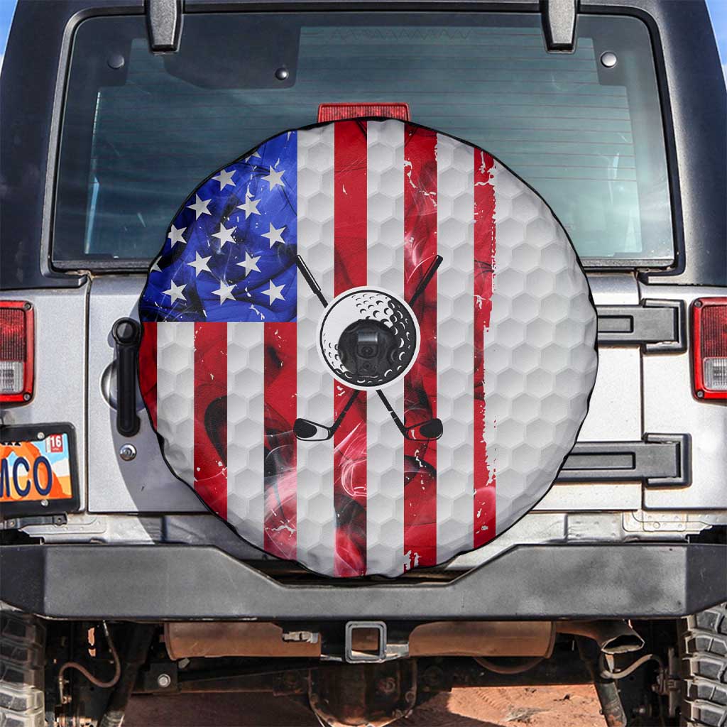 Golf Ball and Clubs Spare Tire Cover with American Flag Smoke Effect and Hexagon Pattern - Wonder Print Shop