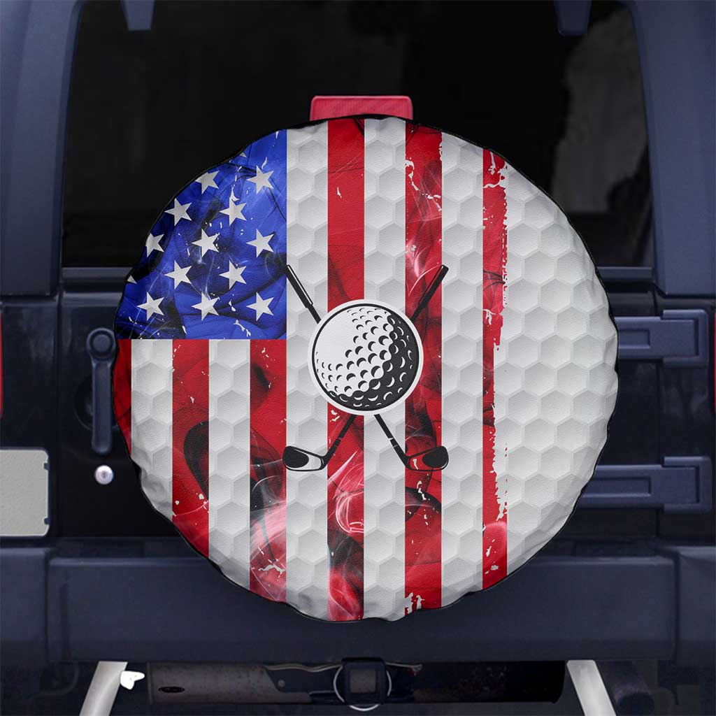 Golf Ball and Clubs Spare Tire Cover with American Flag Smoke Effect and Hexagon Pattern - Wonder Print Shop