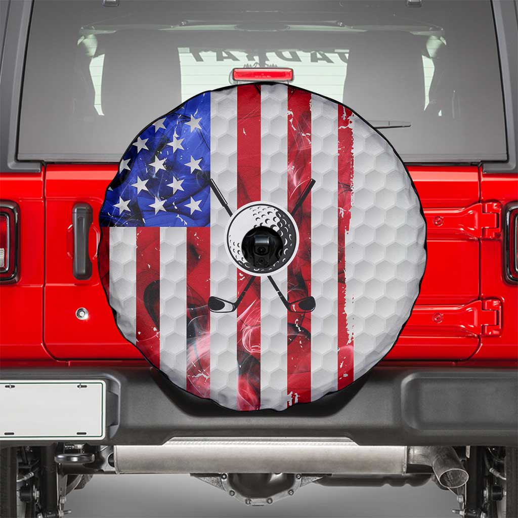 Golf Ball and Clubs Spare Tire Cover with American Flag Smoke Effect and Hexagon Pattern - Wonder Print Shop