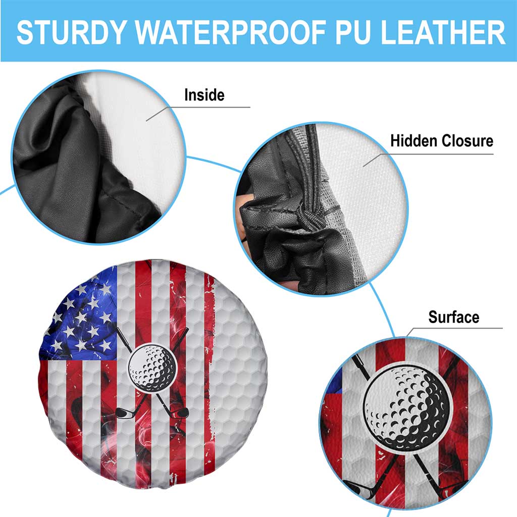 Golf Ball and Clubs Spare Tire Cover with American Flag Smoke Effect and Hexagon Pattern - Wonder Print Shop
