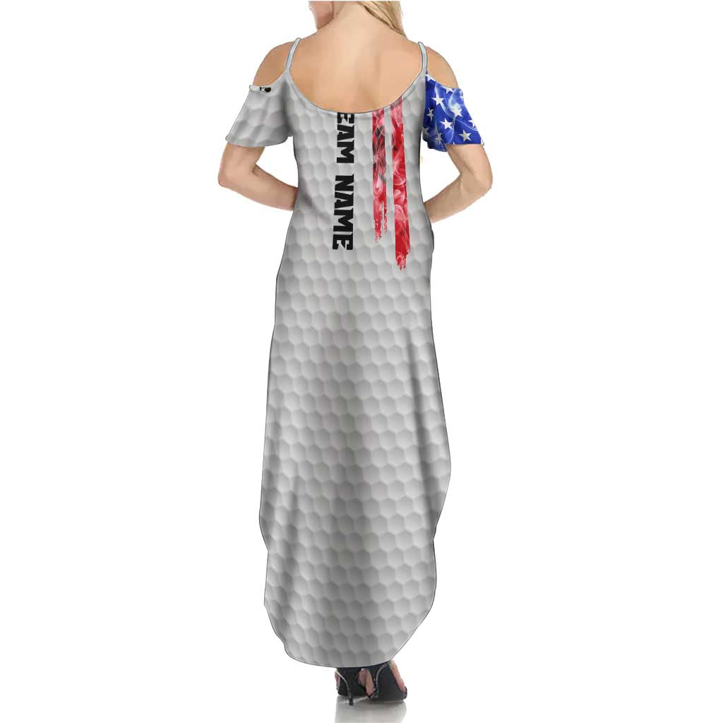 Custom Golf Ball and Clubs Summer Maxi Dress with American Flag Smoke Effect and Hexagon Pattern - Wonder Print Shop
