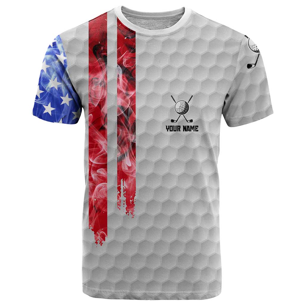 Custom Golf Ball and Clubs T Shirt with American Flag Smoke Effect and Hexagon Pattern - Wonder Print Shop