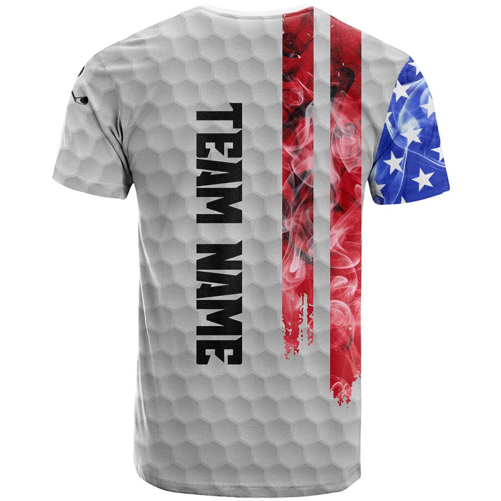 Custom Golf Ball and Clubs T Shirt with American Flag Smoke Effect and Hexagon Pattern - Wonder Print Shop