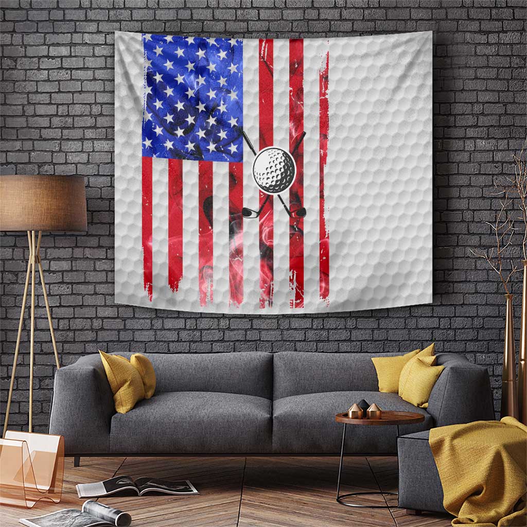 Golf Ball and Clubs Tapestry with American Flag Smoke Effect and Hexagon Pattern - Wonder Print Shop