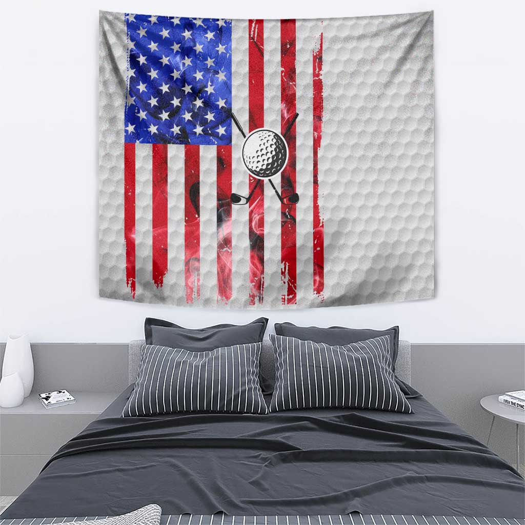 Golf Ball and Clubs Tapestry with American Flag Smoke Effect and Hexagon Pattern - Wonder Print Shop