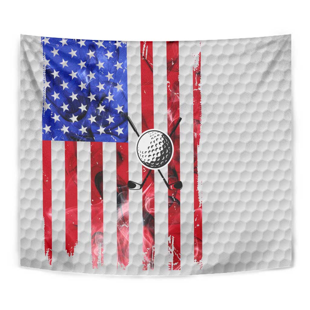 Golf Ball and Clubs Tapestry with American Flag Smoke Effect and Hexagon Pattern - Wonder Print Shop