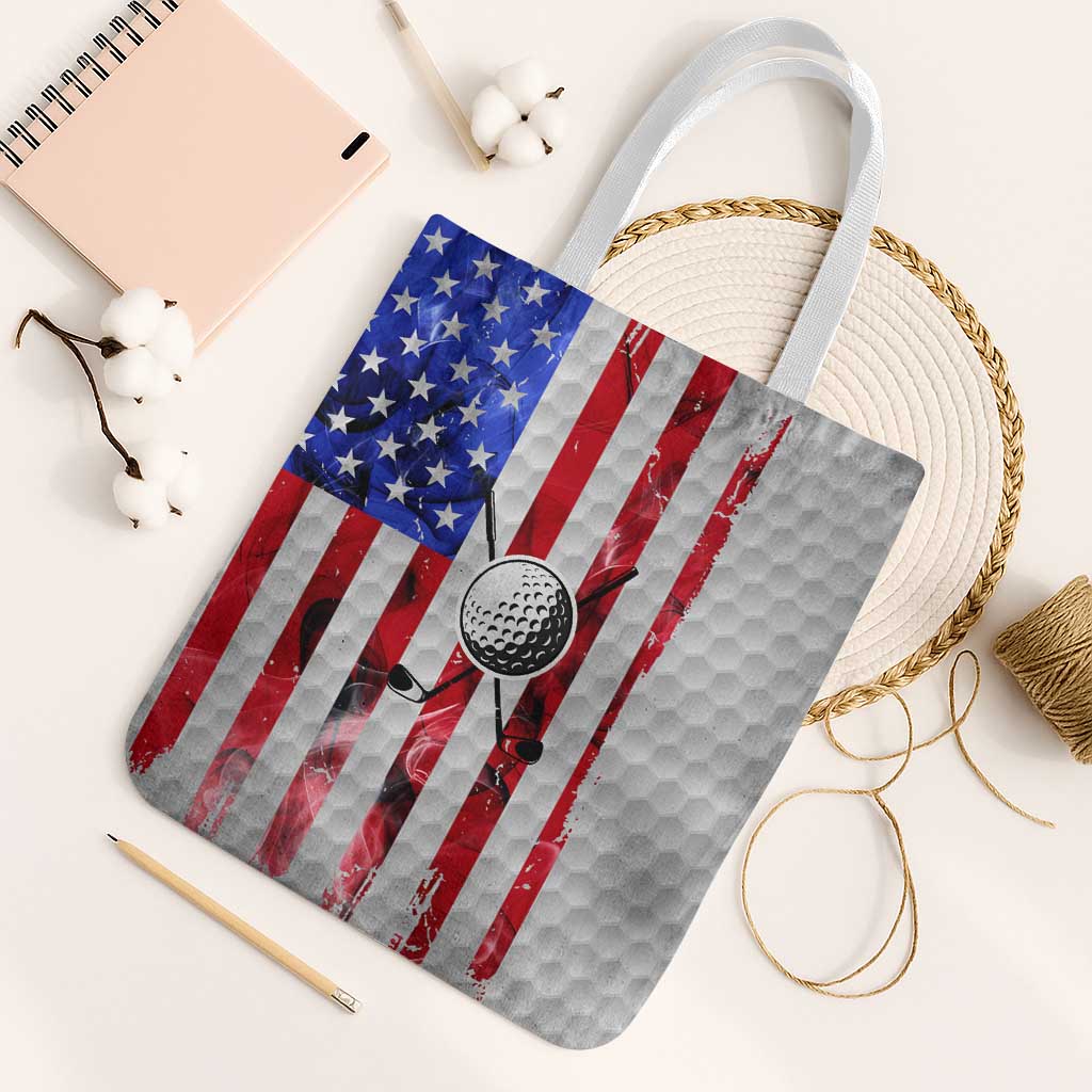 Golf Ball and Clubs Tote Bag with American Flag Smoke Effect and Hexagon Pattern - Wonder Print Shop