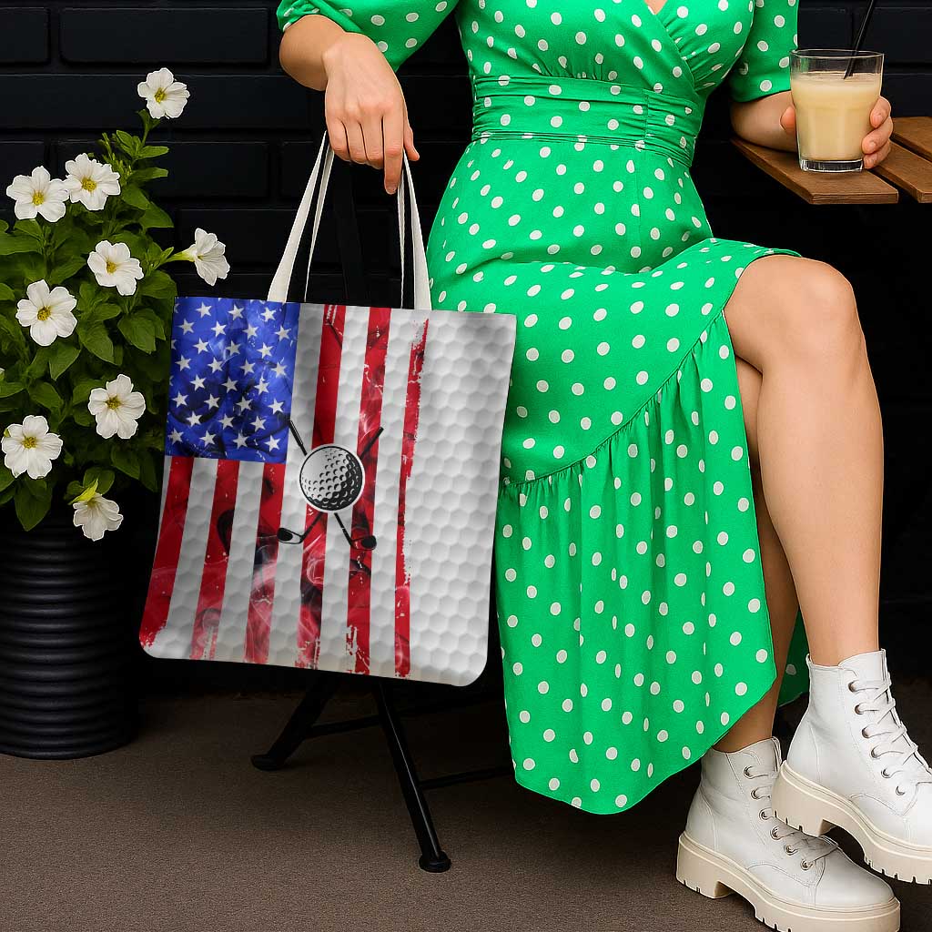 Golf Ball and Clubs Tote Bag with American Flag Smoke Effect and Hexagon Pattern - Wonder Print Shop