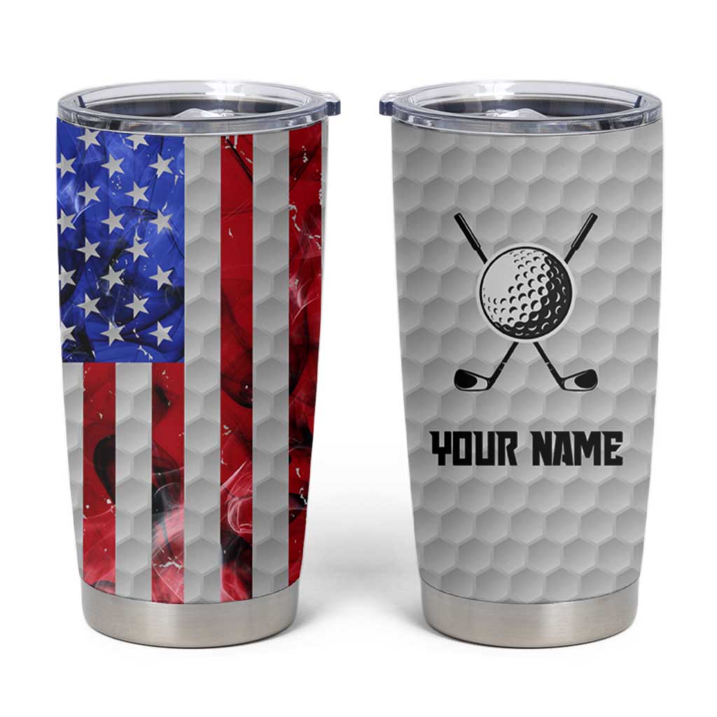 Custom Golf Ball and Clubs Tumbler Cup with American Flag Smoke Effect and Hexagon Pattern - Wonder Print Shop