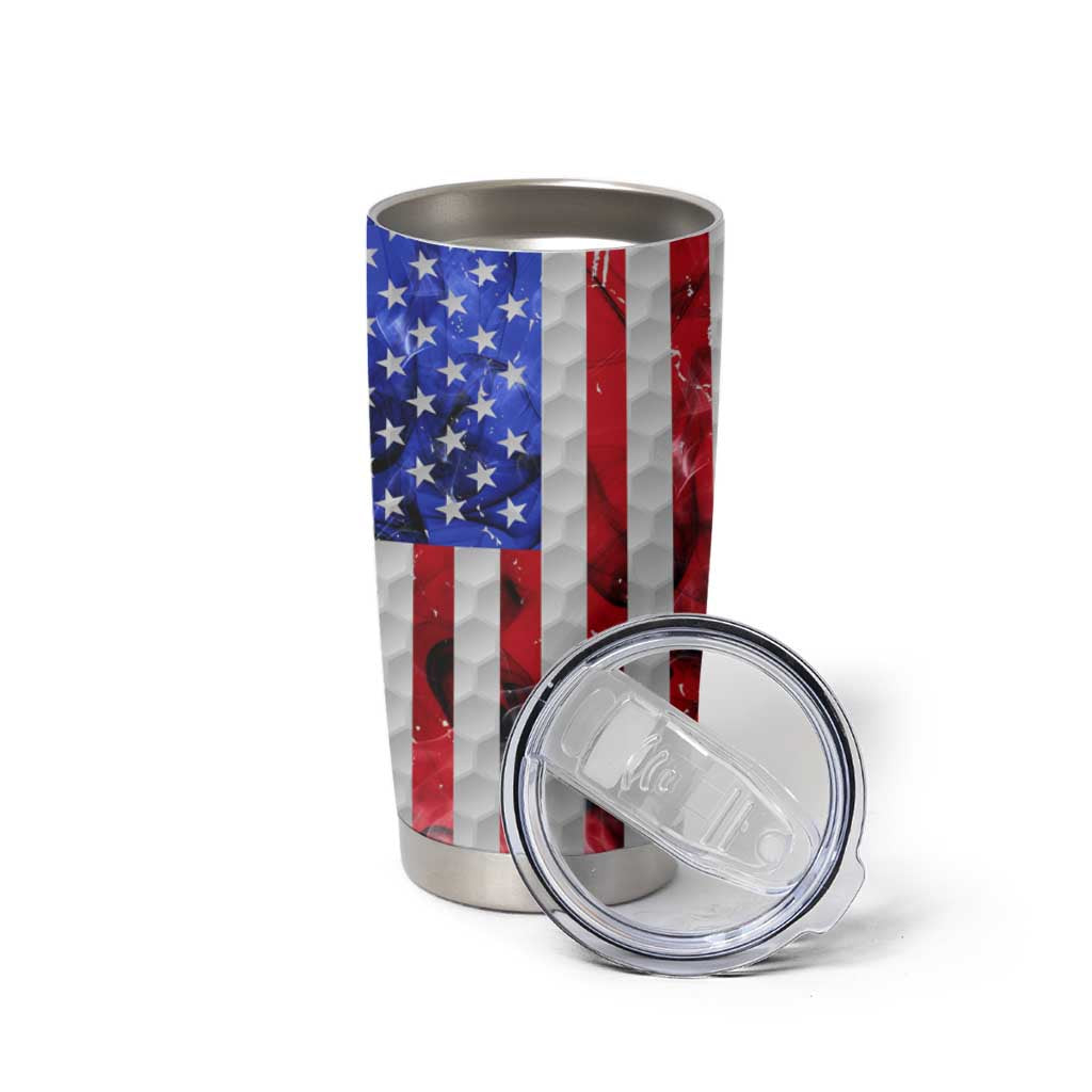 Custom Golf Ball and Clubs Tumbler Cup with American Flag Smoke Effect and Hexagon Pattern - Wonder Print Shop