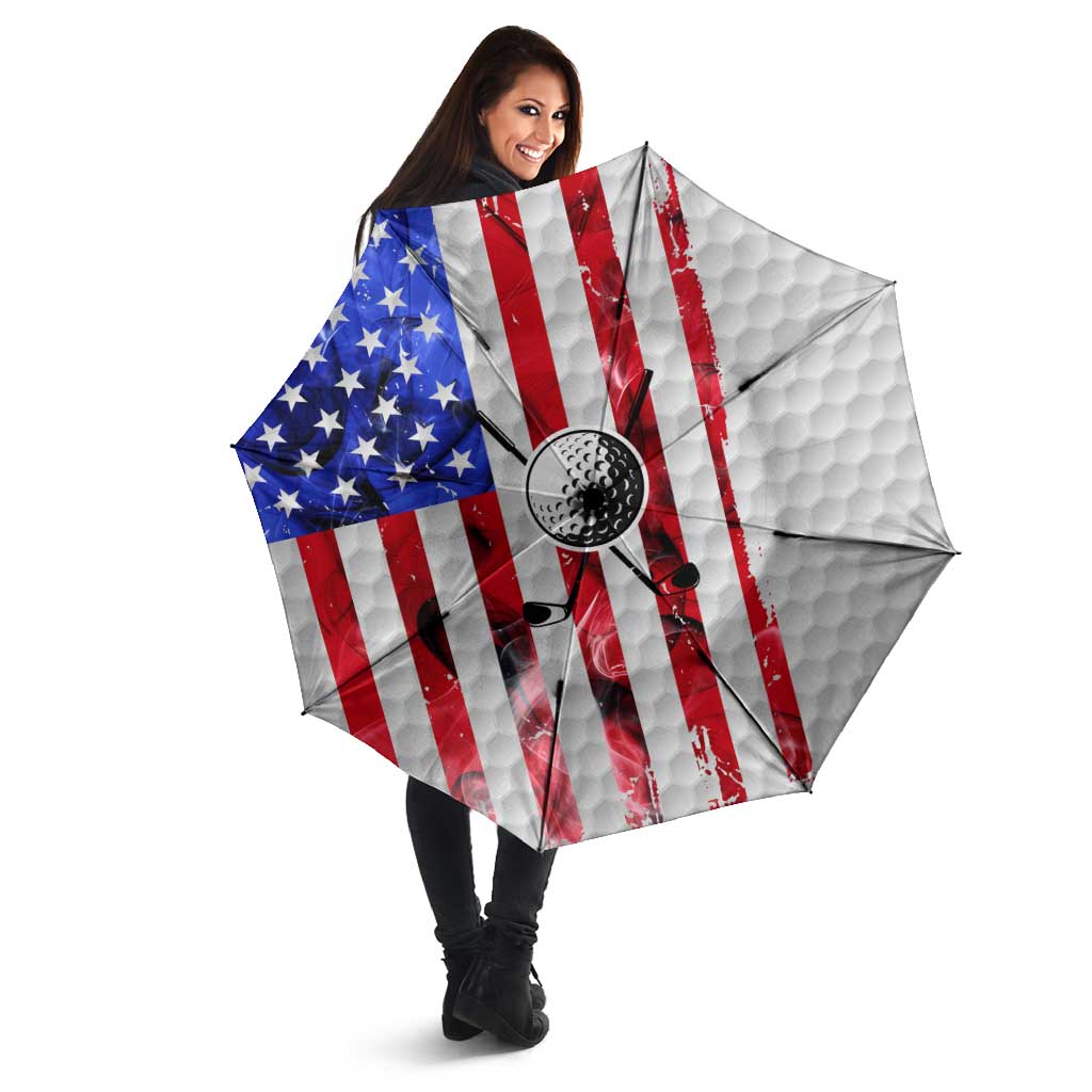 Golf Ball and Clubs Umbrella with American Flag Smoke Effect and Hexagon Pattern - Wonder Print Shop