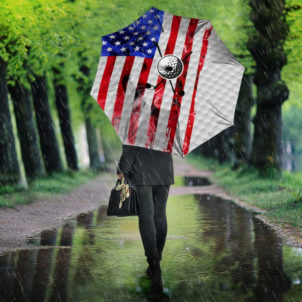 Golf Ball and Clubs Umbrella with American Flag Smoke Effect and Hexagon Pattern - Wonder Print Shop