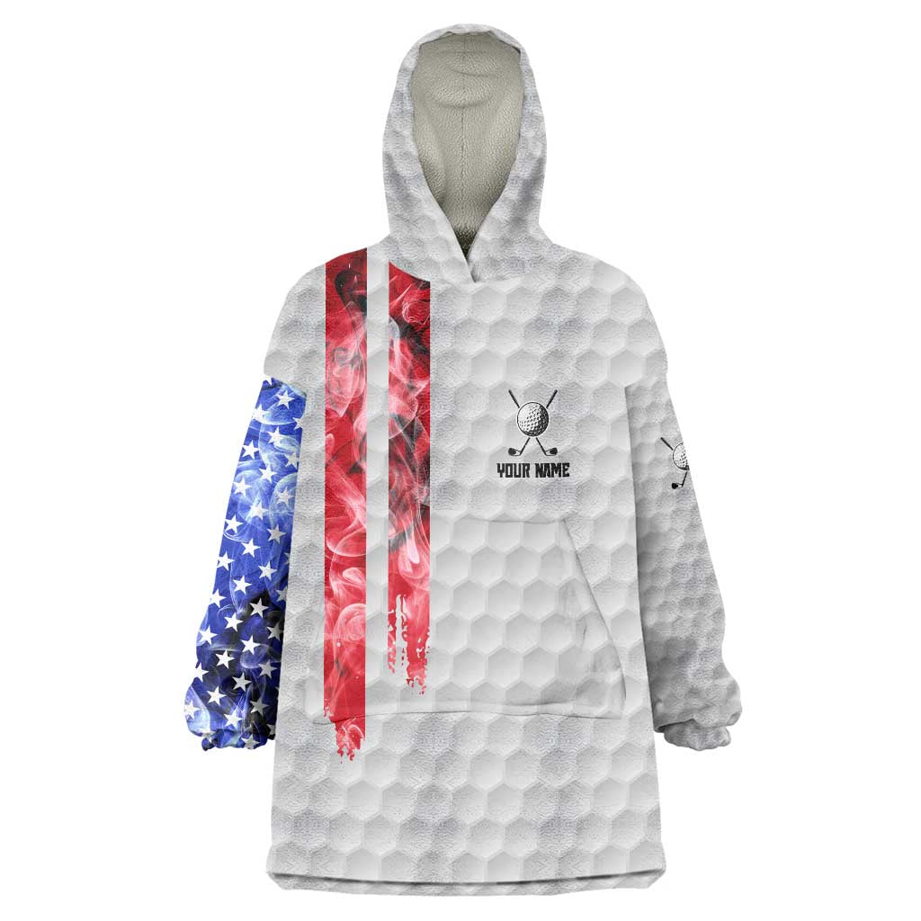 Custom Golf Ball and Clubs Wearable Blanket Hoodie with American Flag Smoke Effect and Hexagon Pattern - Wonder Print Shop