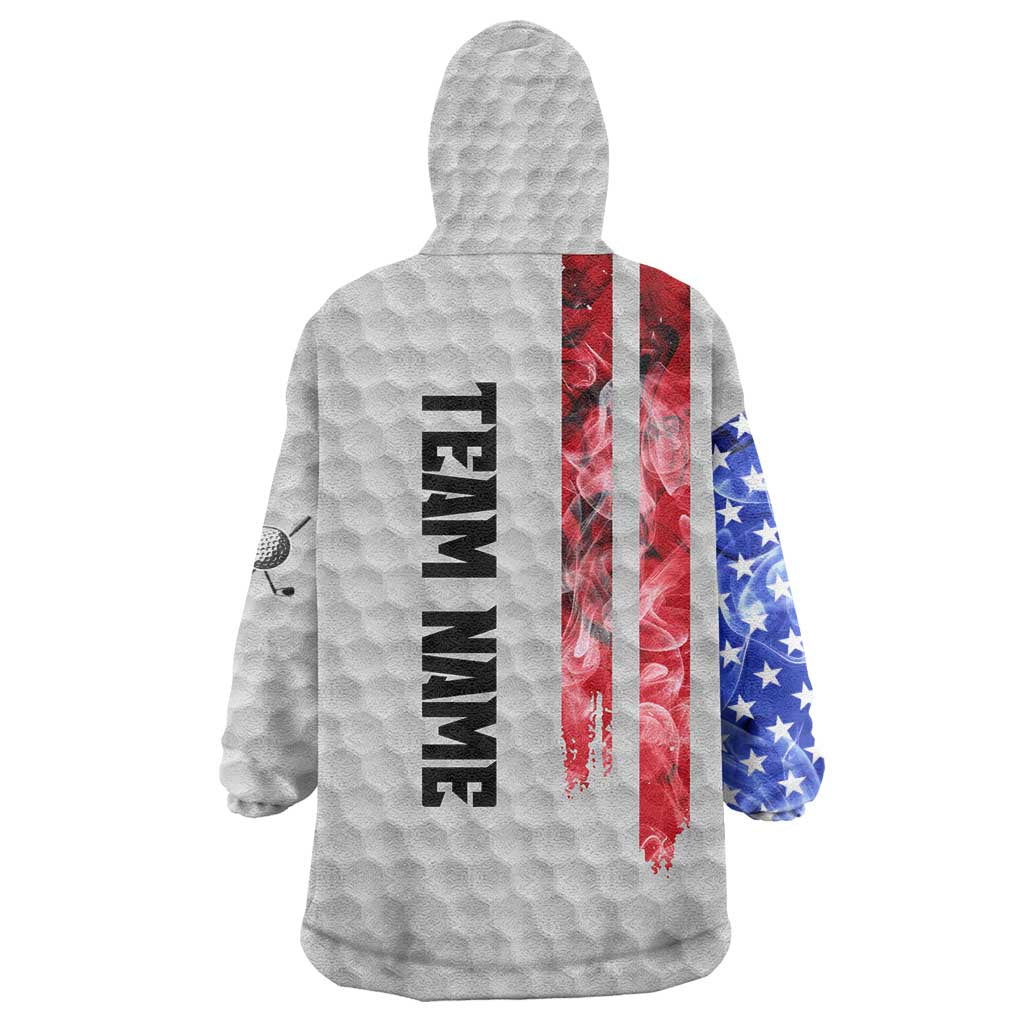 Custom Golf Ball and Clubs Wearable Blanket Hoodie with American Flag Smoke Effect and Hexagon Pattern - Wonder Print Shop
