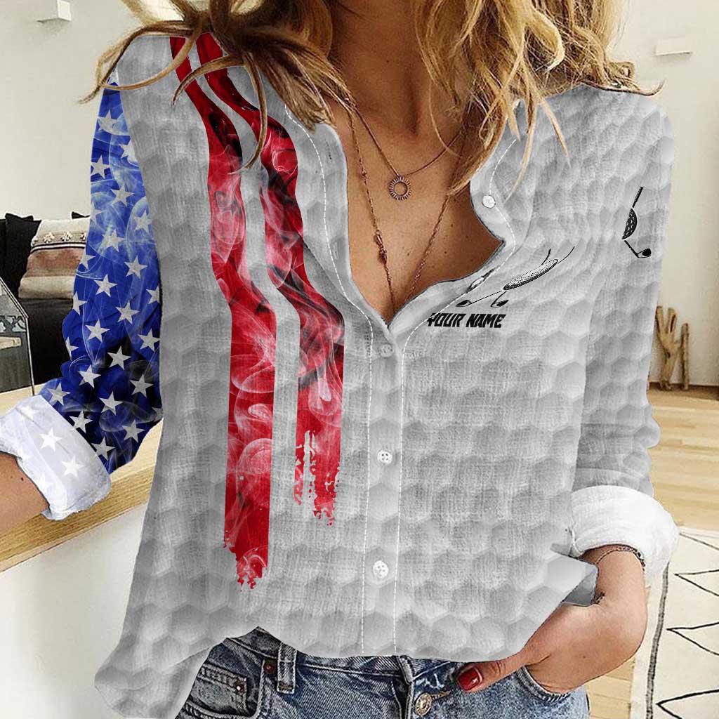 Custom Golf Ball and Clubs Women Casual Shirt with American Flag Smoke Effect and Hexagon Pattern - Wonder Print Shop