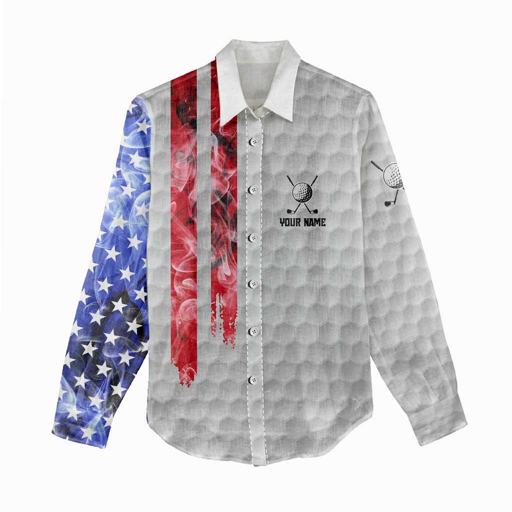 Custom Golf Ball and Clubs Women Casual Shirt with American Flag Smoke Effect and Hexagon Pattern - Wonder Print Shop