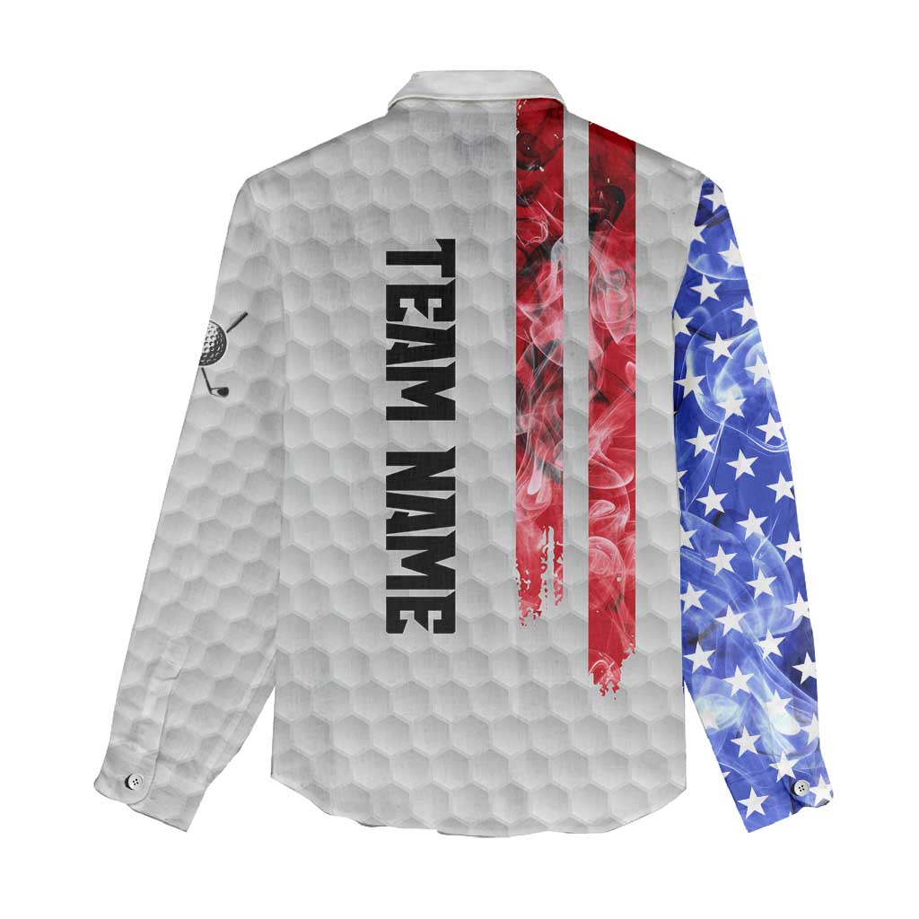 Custom Golf Ball and Clubs Women Casual Shirt with American Flag Smoke Effect and Hexagon Pattern - Wonder Print Shop