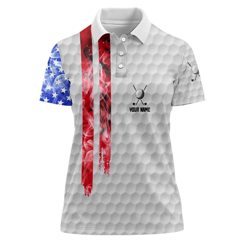 Custom Golf Ball and Clubs Women Polo Shirt with American Flag Smoke Effect and Hexagon Pattern - Wonder Print Shop