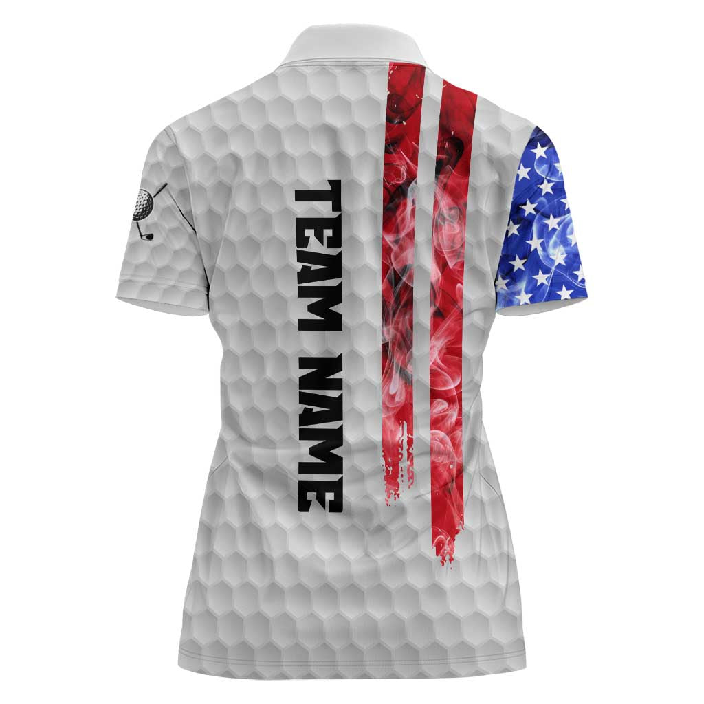 Custom Golf Ball and Clubs Women Polo Shirt with American Flag Smoke Effect and Hexagon Pattern - Wonder Print Shop