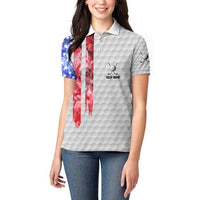 Custom Golf Ball and Clubs Women Polo Shirt with American Flag Smoke Effect and Hexagon Pattern - Wonder Print Shop