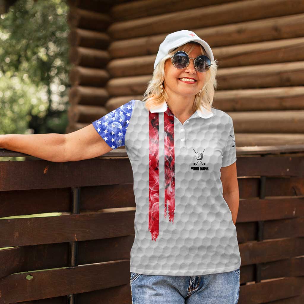 Custom Golf Ball and Clubs Women Polo Shirt with American Flag Smoke Effect and Hexagon Pattern - Wonder Print Shop
