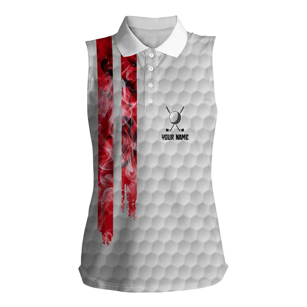 Custom Golf Ball and Clubs Women Sleeveless Polo Shirt with American Flag Smoke Effect and Hexagon Pattern - Wonder Print Shop