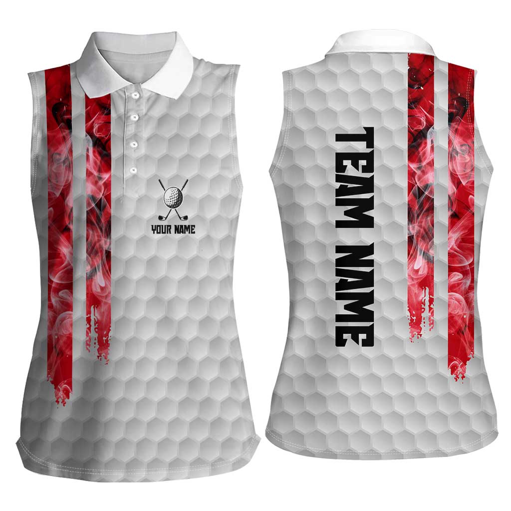 Custom Golf Ball and Clubs Women Sleeveless Polo Shirt with American Flag Smoke Effect and Hexagon Pattern - Wonder Print Shop