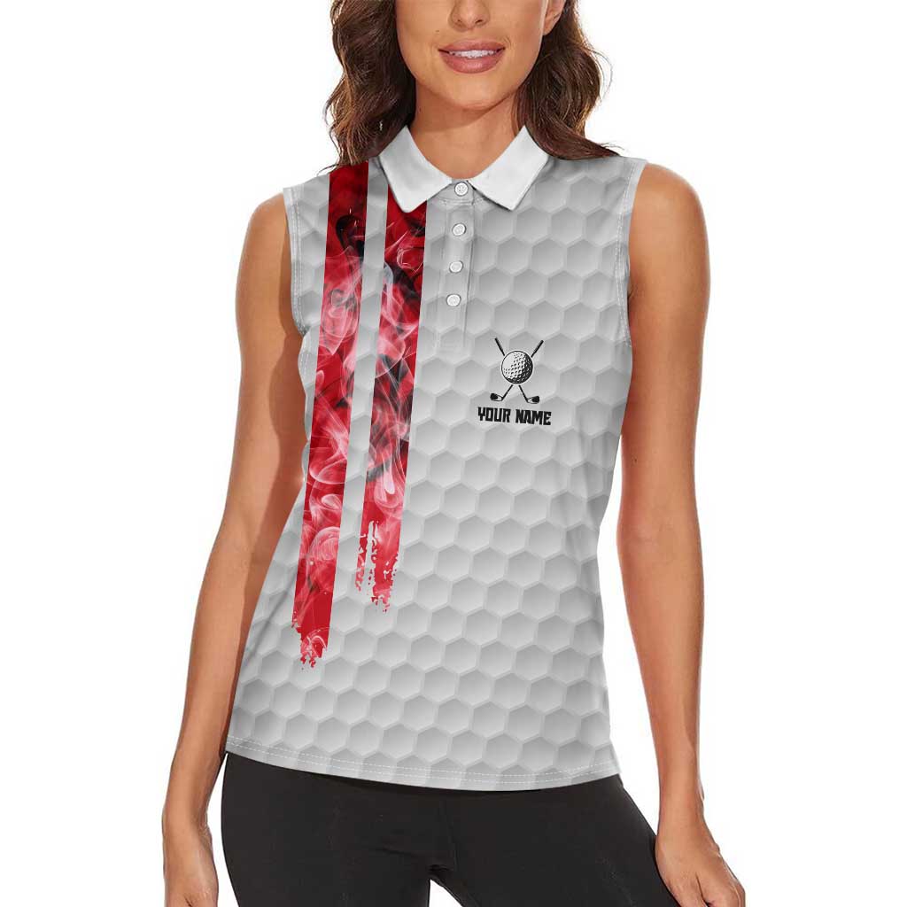 Custom Golf Ball and Clubs Women Sleeveless Polo Shirt with American Flag Smoke Effect and Hexagon Pattern - Wonder Print Shop