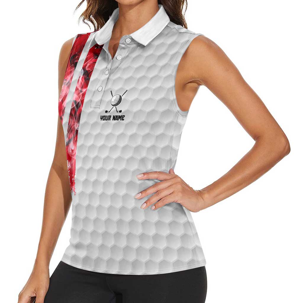 Custom Golf Ball and Clubs Women Sleeveless Polo Shirt with American Flag Smoke Effect and Hexagon Pattern - Wonder Print Shop