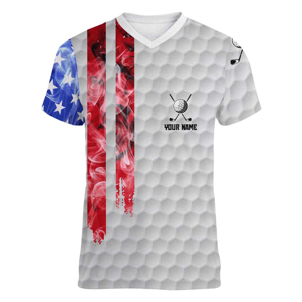Custom Golf Ball and Clubs Women V-Neck T-Shirt with American Flag Smoke Effect and Hexagon Pattern - Wonder Print Shop