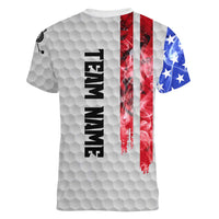 Custom Golf Ball and Clubs Women V-Neck T-Shirt with American Flag Smoke Effect and Hexagon Pattern - Wonder Print Shop
