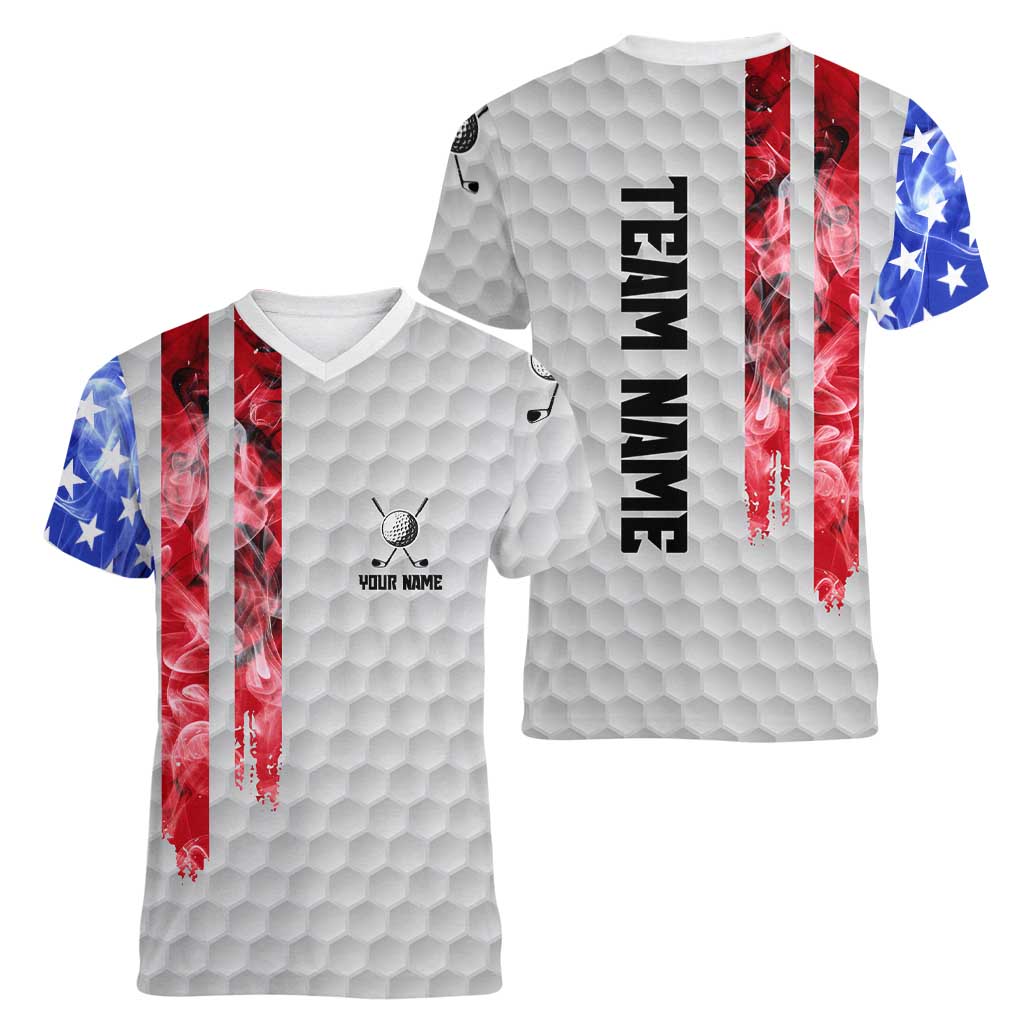 Custom Golf Ball and Clubs Women V-Neck T-Shirt with American Flag Smoke Effect and Hexagon Pattern - Wonder Print Shop