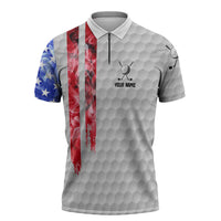 Custom Golf Ball and Clubs Zipper Polo Shirt with American Flag Smoke Effect and Hexagon Pattern - Wonder Print Shop