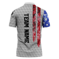 Custom Golf Ball and Clubs Zipper Polo Shirt with American Flag Smoke Effect and Hexagon Pattern - Wonder Print Shop