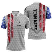 Custom Golf Ball and Clubs Zipper Polo Shirt with American Flag Smoke Effect and Hexagon Pattern - Wonder Print Shop