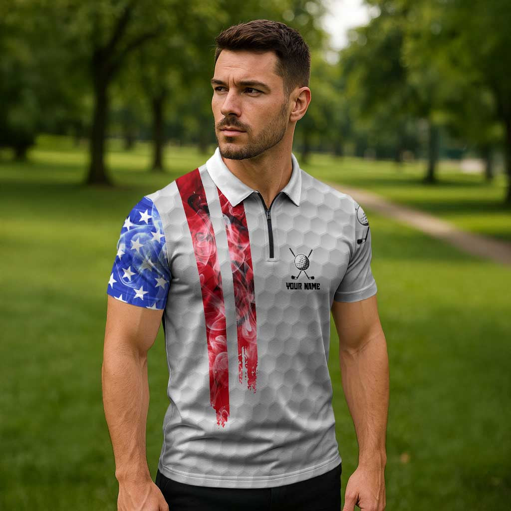 Custom Golf Ball and Clubs Zipper Polo Shirt with American Flag Smoke Effect and Hexagon Pattern - Wonder Print Shop