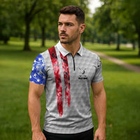 Custom Golf Ball and Clubs Zipper Polo Shirt with American Flag Smoke Effect and Hexagon Pattern - Wonder Print Shop