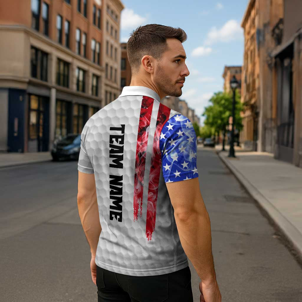 Custom Golf Ball and Clubs Zipper Polo Shirt with American Flag Smoke Effect and Hexagon Pattern - Wonder Print Shop