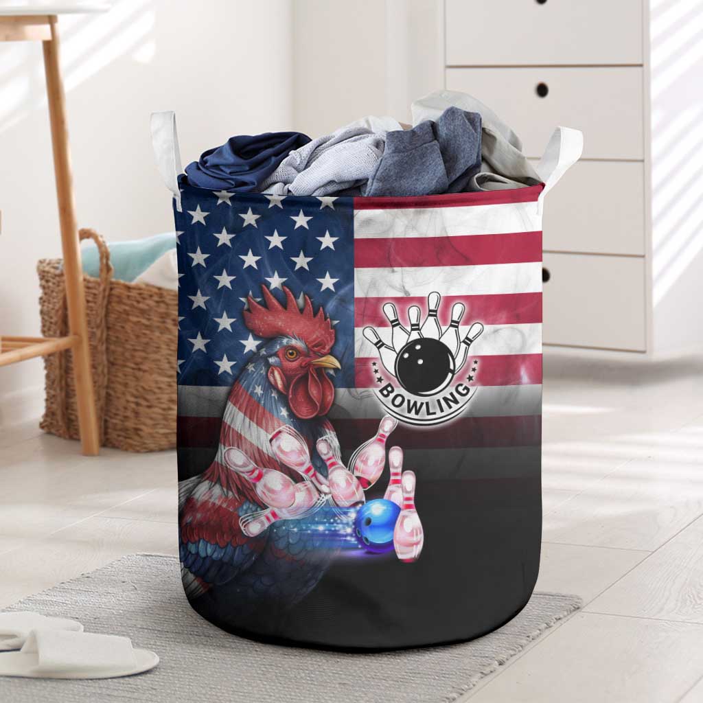 Bowling Rooster Laundry Basket with Striking Pins and American Flag Feather Pattern - Wonder Print Shop