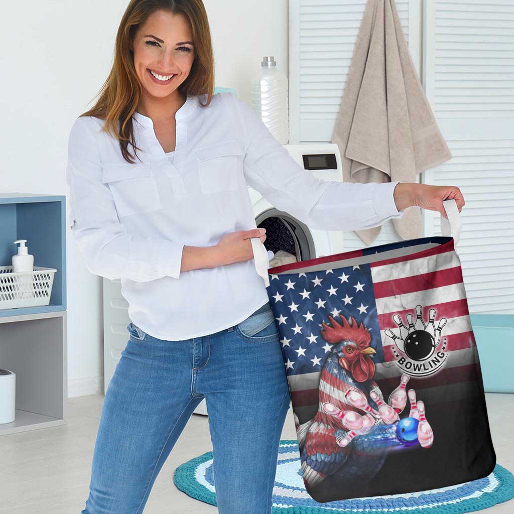 Bowling Rooster Laundry Basket with Striking Pins and American Flag Feather Pattern - Wonder Print Shop