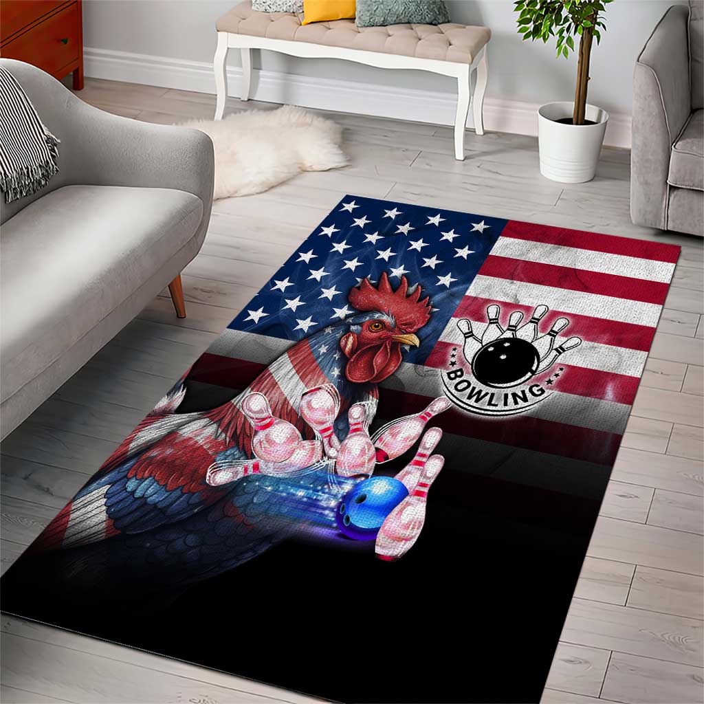 Bowling Rooster Area Rug with Striking Pins and American Flag Feather Pattern - Wonder Print Shop