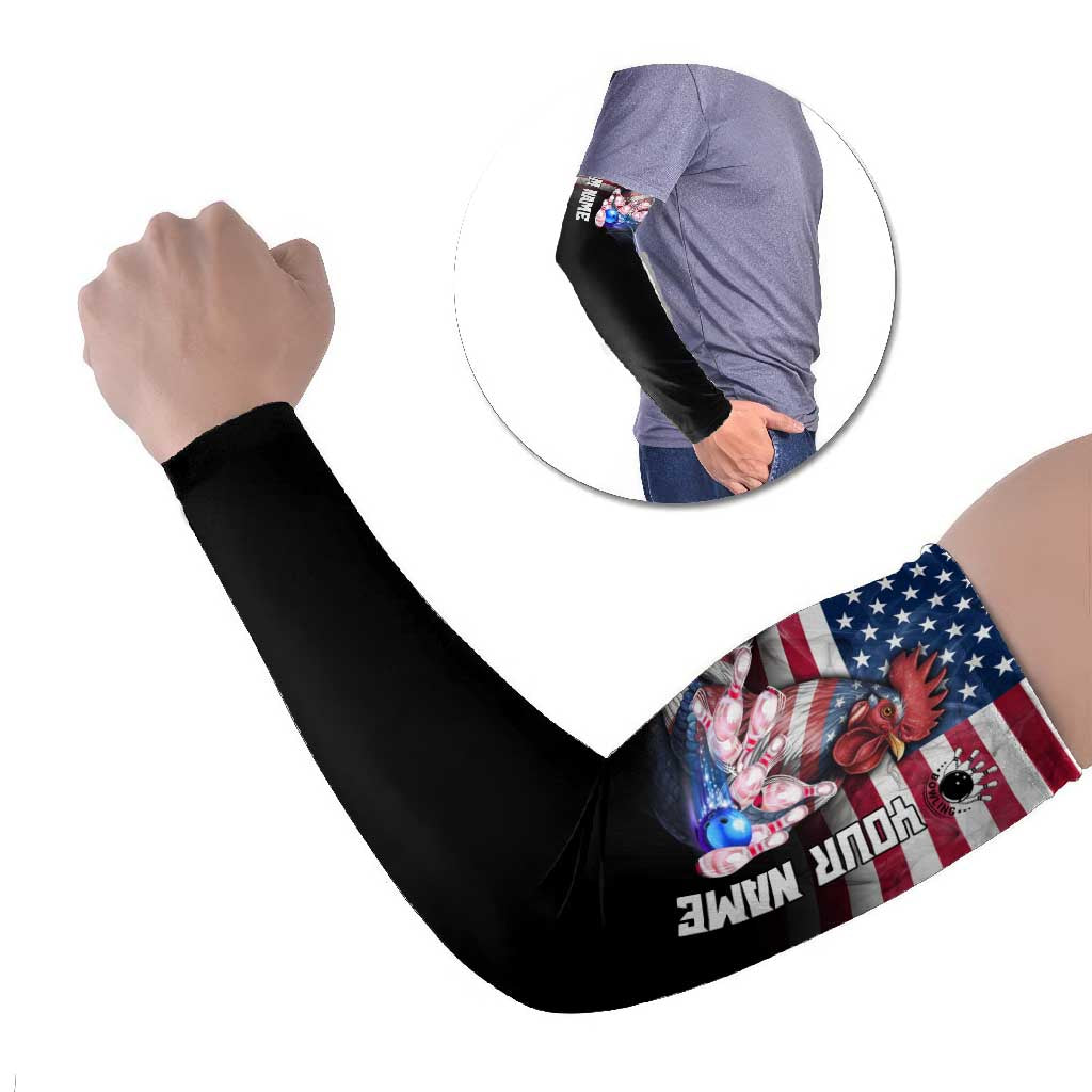 Custom Bowling Rooster Arm Sleeves with Striking Pins and American Flag Feather Pattern - Wonder Print Shop