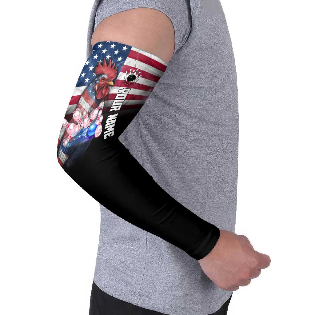 Custom Bowling Rooster Arm Sleeves with Striking Pins and American Flag Feather Pattern - Wonder Print Shop