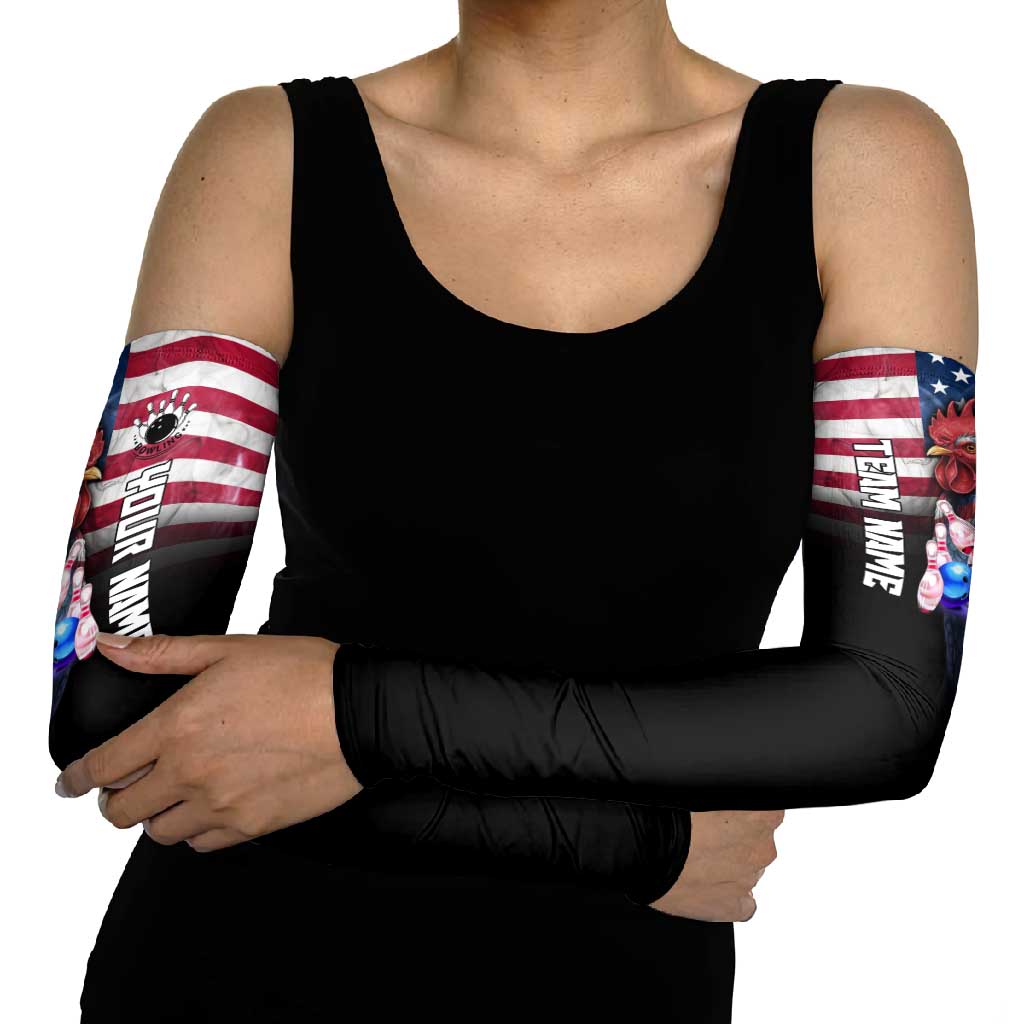 Custom Bowling Rooster Arm Sleeves with Striking Pins and American Flag Feather Pattern - Wonder Print Shop