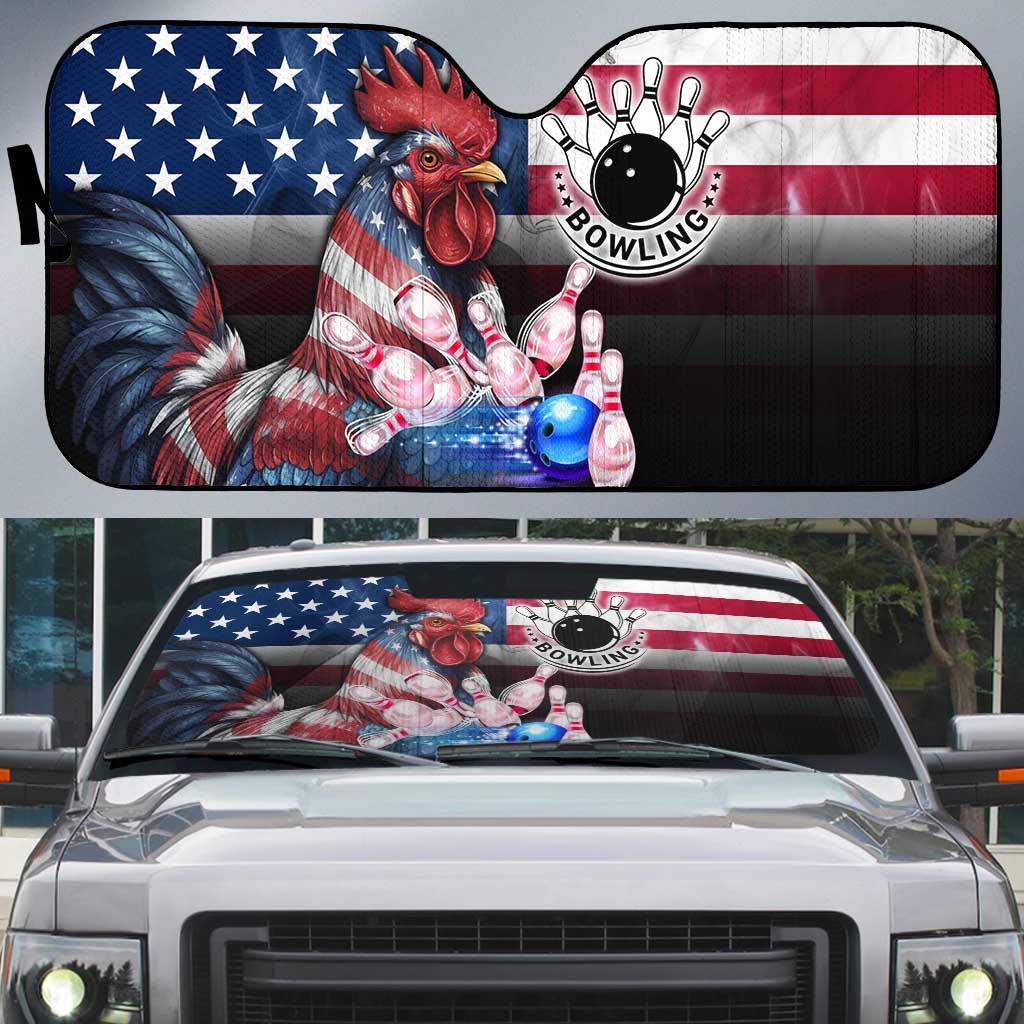 Bowling Rooster Auto Sun Shade with Striking Pins and American Flag Feather Pattern - Wonder Print Shop