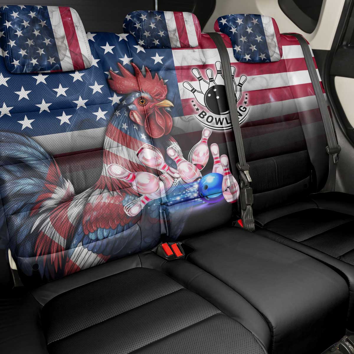 Bowling Rooster Back Car Seat Cover with Striking Pins and American Flag Feather Pattern - Wonder Print Shop
