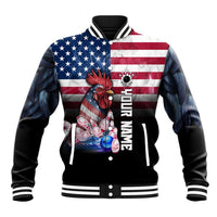 Custom Bowling Rooster Baseball Jacket with Striking Pins and American Flag Feather Pattern - Wonder Print Shop