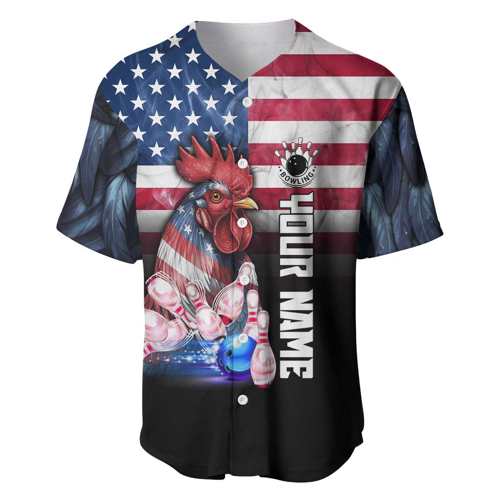 Custom Bowling Rooster Baseball Jersey with Striking Pins and American Flag Feather Pattern - Wonder Print Shop