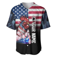 Custom Bowling Rooster Baseball Jersey with Striking Pins and American Flag Feather Pattern - Wonder Print Shop